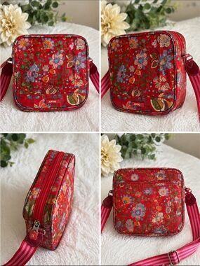 Oilily Red Floral Pattern Crossbody Bag with Pink Striped Strap